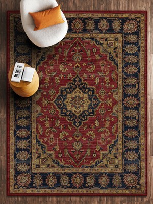 HALIZZON Geleneksel Kırmızı Lacivert Desenli Dijital Baskı Halı Kaymaz Taban Salon Halısı