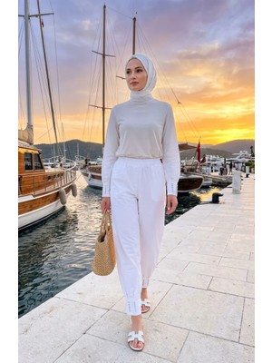 Beli Lastikli Paçası Taşlı Pantolon 71101-03 Beyaz