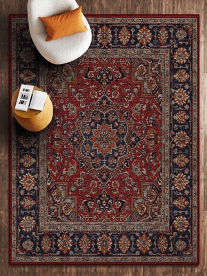 HALIZZON Klasik Kırmızı Lacivert Geleneksel Dijital Baskı Halı Yıkanabilir