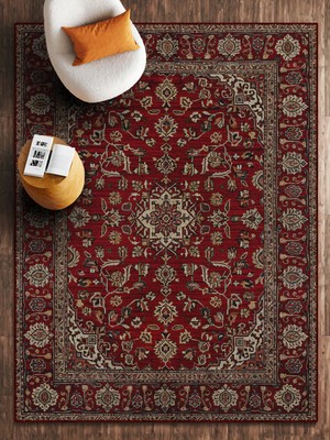 HALIZZON Kırmızı Krem Çiçek Desenli Klasik Dijital Baskı Halı Dekoratif Salon Halısı