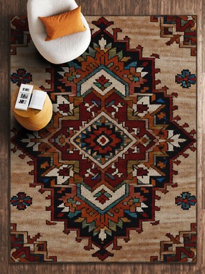 HALIZZON Krem Bej Etnik Desenli Dijital Baskı Halı Kaymaz Taban Salon ve Yatak Odası