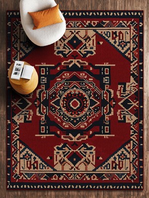 HALIZZON Kırmızı Siyah Geometrik Kafkas Desenli Dijital Baskı Halı