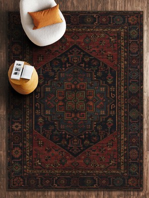 HALIZZON Koyu Bordo Klasik Göbekli Desenli Dijital Baskı Halı Kaymaz Taban Halı