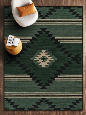 HALIZZON Petrol Yeşili Çizgili Etnik Kilim Desenli Dijital Baskı Halı Modern Halı