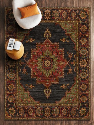 HALIZZON Siyah Kırmızı Madalyonlu Klasik Dijital Baskı Halı Kaymaz Taban Salon Halısı