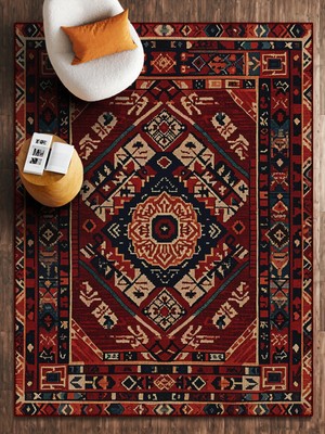 HALIZZON Etnik Geometrik Motifli Kırmızı Dijital Baskı Halı Kaymaz Tabanlı Alan Halısı