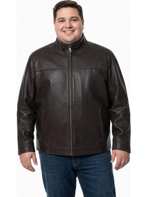 Viamod Leather Büyük Beden Erkek Kahverengi Hakim Yaka Deri Mont Ceket 8608