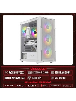 Xaser Light X40 Ryzen 7 5700X 32GB Ram 1tb M.2 Nvme SSD 16GB RTX5060 Ti Masaüstü Oyuncu Oem Bilgisayar