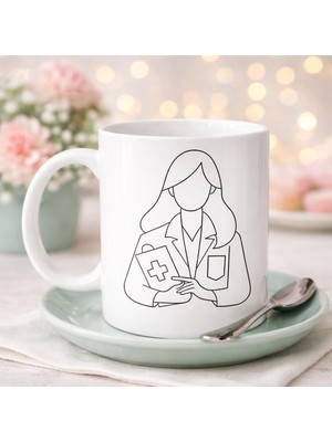 Urfakent Doktor Temalı Porselen Kupa Model 173 – Kadın Doktor Çizimli Kahve Kupası – Sağlık Çalışanı Hediyesi – Doktorlara Özel Tasarım Kupa