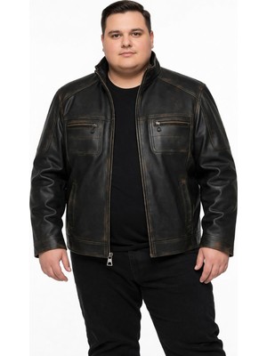 Viamod Leather Büyük Bedenerkek Siyah Hakim Yaka Deri Mont %100 Saf Deri Eskitme Görünümlü Fermuarlı Kışlık Ceket Petro
