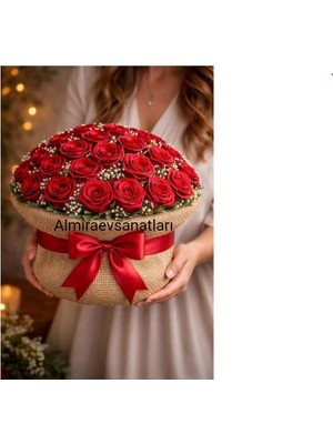 Romantik Kırmızı Gül Buketi – Jüt Kumaş Saksı Tasarım 50 Adet