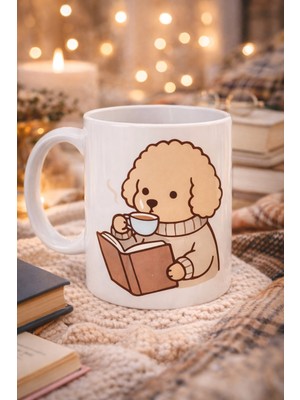Urfakent Kitap Okuyan Sevimli Köpek Tasarımlı Porselen Kupa Model 190 – Kahve Temalı Tatlı Köpek Kahve Kupası – Köpek Severlere Hediye Kupa