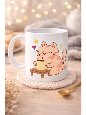 Urfakent Sevimli Kedi Tasarımlı Porselen Kupa Model 196 – Kahve Içen Kedi Baskılı Porselen Kahve Kupası – Kedi Severlere Hediyelik Porselen Kupa Bardak 330 ml