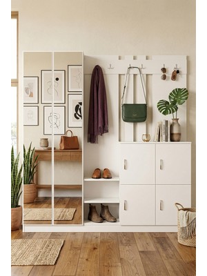 Robin Home Nova Aynalı Vestiyer Portmanto Ayakkabılık Beyaz