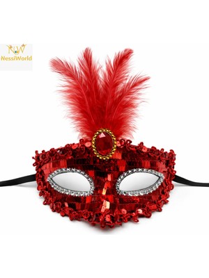 Urfakent Lüks Kırmızı Tüylü Taşlı Balo Maskesi
