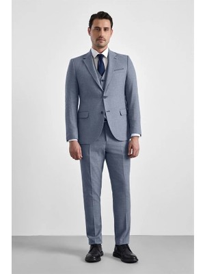 Süvari Parlament Mavi Slim Mono Yaka 6 Drop Yelekli Takım Elbise