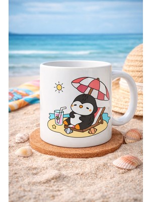 Urfakent Sevimli Penguen Yaz Tatili Tasarımlı Porselen Kupa Model 200 – Penguen Baskılı Kahve Kupası – Yaz Temalı Eğlenceli Hediye Kupa