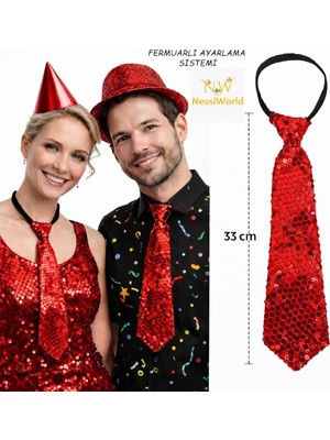 NessiWorld Kırmızı Pul Payetli Işıltılı Parti Kravatı 33 cm