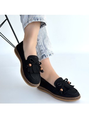 SEPET365 Boriy Siyah Deri Tozu Süet Babet Ayakkabı