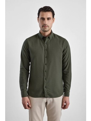 Süvari Koyu Yeşil Slim Düğmeli Yaka Düz Casual Gömlek