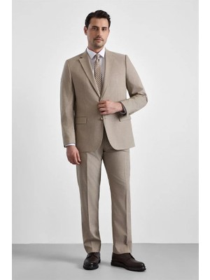 Süvari Bej Regular Sivri Yaka Düz Armürlü Kapaklı Cep Standart 6 Drop Takım Elbise