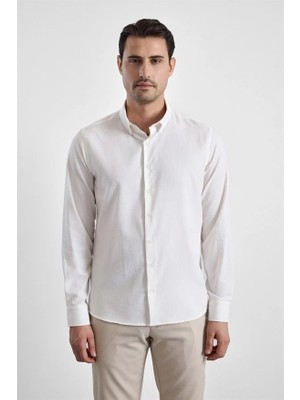 Süvari Ekru Slim Düğmeli Yaka Casual Gömlek