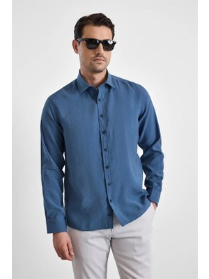 Süvari Mavi Slim Klasik Yaka Düz Casual Gömlek
