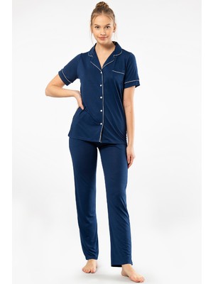 Türen Kadin Düz Kisa Kollu Gömlek Yaka Pijama Takimi 3368/LACIVERT