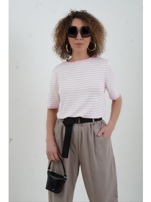Zelish My Sister Pembe Ekru Bisiklet Yaka Ince Çizgili Kısa Kol Kazak