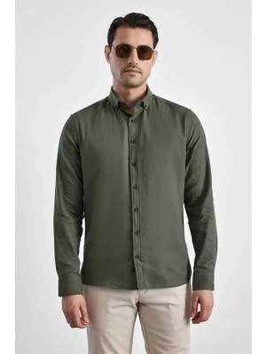 Süvari Koyu Yeşil Slim Düğmeli Yaka Düz Casual Gömlek