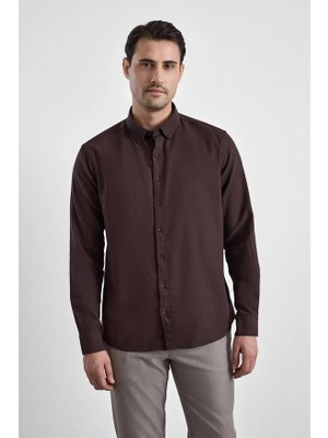 Süvari Koyu Kahve Slim Düğmeli Yaka Düz Casual Gömlek