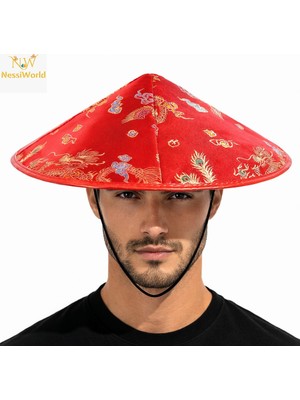 NessiWorld Kırmızı Saten Çin Desenli Dragon Işlemeli Şapka – Lastikli