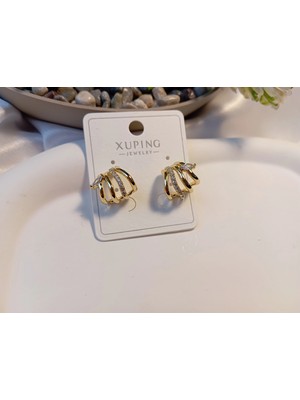Xuping Jewelry 14 Ayar Altın Kaplama 1.5 cm Çoklu Hatlı Modern Halka Küpe