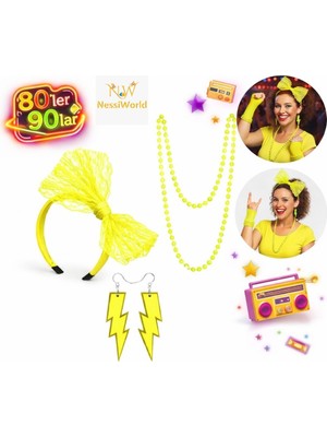 NessiWorld 80’ler 90’lar Neon Sarı Parti Seti – Kolye Küpe Taç