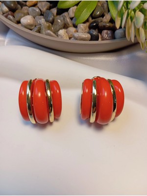 Luxury Jewelry Altın Rengi Şeritli Kırmızı Lüks Tasarım Küpe