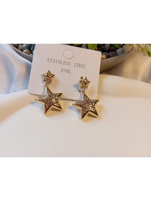 Euro Aksesuar 316L Paslanmaz Çelik Gold Renk Zirkon Taşlı Çift Yıldız Küpe
