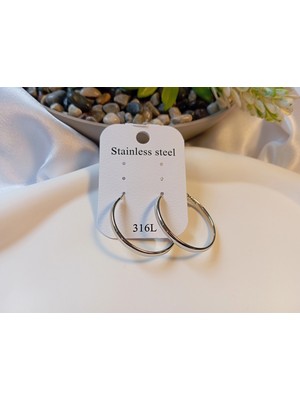 Euro Aksesuar 316L Cerrahi Çelik Gümüş Renk Orta Boy Halka Küpe (3 Cm)