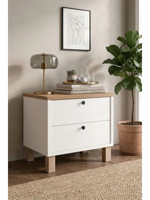 Robin Home Alaska Komodin 2 Çekmeceli Ahşap Ayaklı Sepet-Beyaz