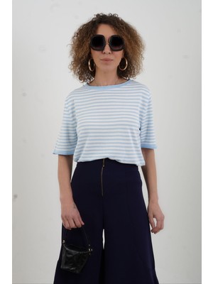 Zelish My Sister Bebe Mavi Ekru Bisiklet Yaka Ince Çizgili Kısa Kol Kazak