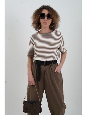 Zelish My Sister Sütlü Kahve Ekru Bisiklet Yaka Ince Çizgili Kısa Kol Kazak