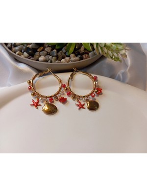 Euro Aksesuar 316L Antialerjik Çelik Marin Serisi - Kırmızı Deniz Yıldızı ve Istiridye Detaylı Halka Küpe