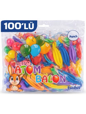 Urfakent Renkli Atom Balon Punch Balon Lastik Ipli Parti Balonu 100 Adet