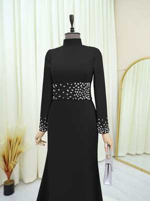 Modamorfo Korse Kemerli Taşlı Saten Abiye  -Siyah