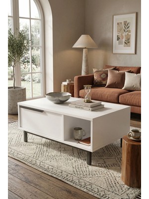 Robin Home Lidya Orta Sehpa Metal Ayaklı Kapaklı Beyaz