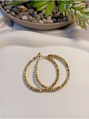 Euro Aksesuar Luxury Jewelry 14 Ayar Altın Kaplama Tırtıklı Dokulu Halka Küpe (4 Cm)