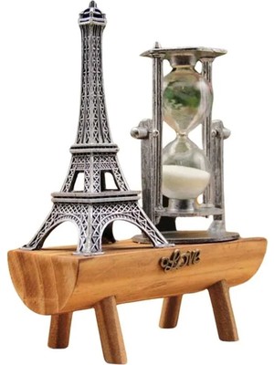 Eyfel Kulesi Tasarımlı Kum Saati Kristalleştirilmiş Kum Saati Dekoratif Ahşap Görünümlü