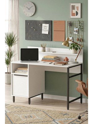 Robin Home Çalışma Masası Genç Çocuk Öğrenci Raflı Dolaplı Beyaz