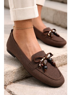 Kindep (Park Moda) Önü Püsküllü Triko Kadın Babet Kahve