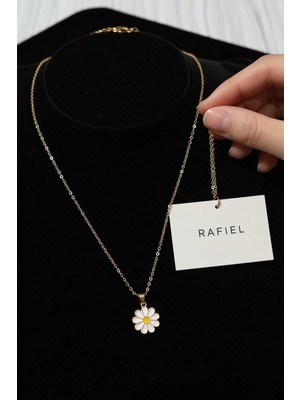 Rafiel  Beyaz Papatya Kolye - El Yapımı Mineli Papatya Figürlü Çelik Zincir Kolye - 44 cm Kolye