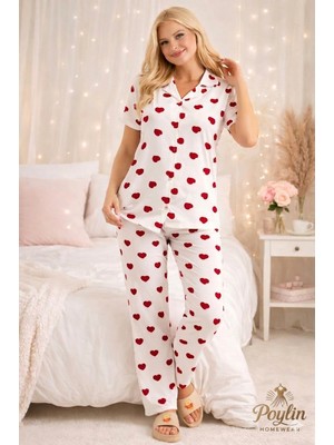 CharMe Beyaz Kırmızı Kalp Desenli Milan Kumaş Kısa Kollu Düğmeli Gömlek Yaka Kadın Pijama Takımı